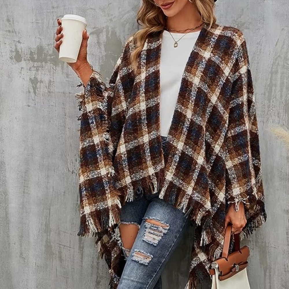 Womens Black Multi Buffalo Plaid Fringed Poncho Wrap OSFM - Picture 1 of 6